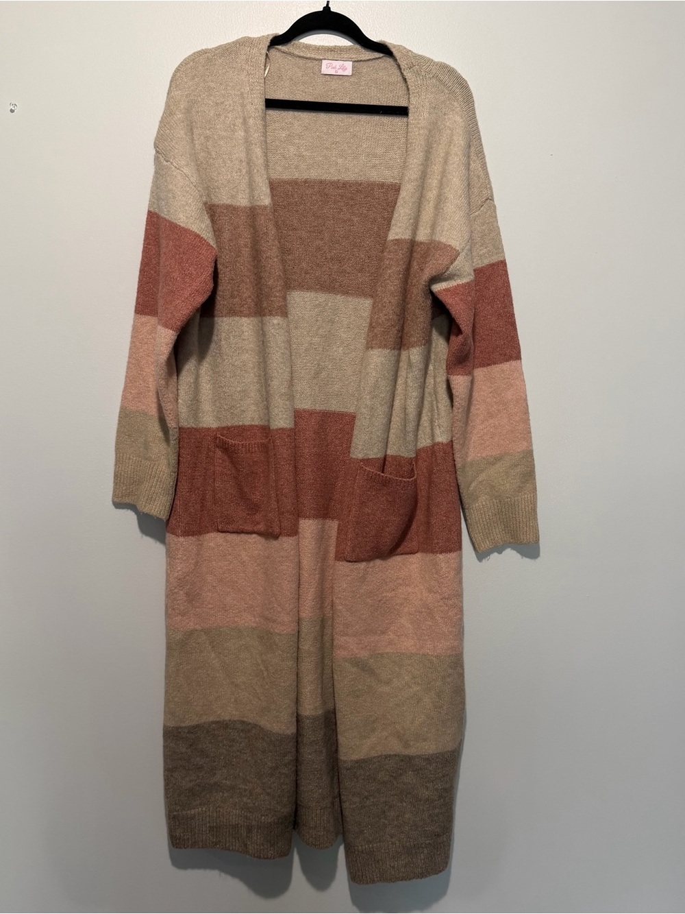 Pink Lily Color Block Long Cardigan Sweater XL Rust Taupe Pink Brown